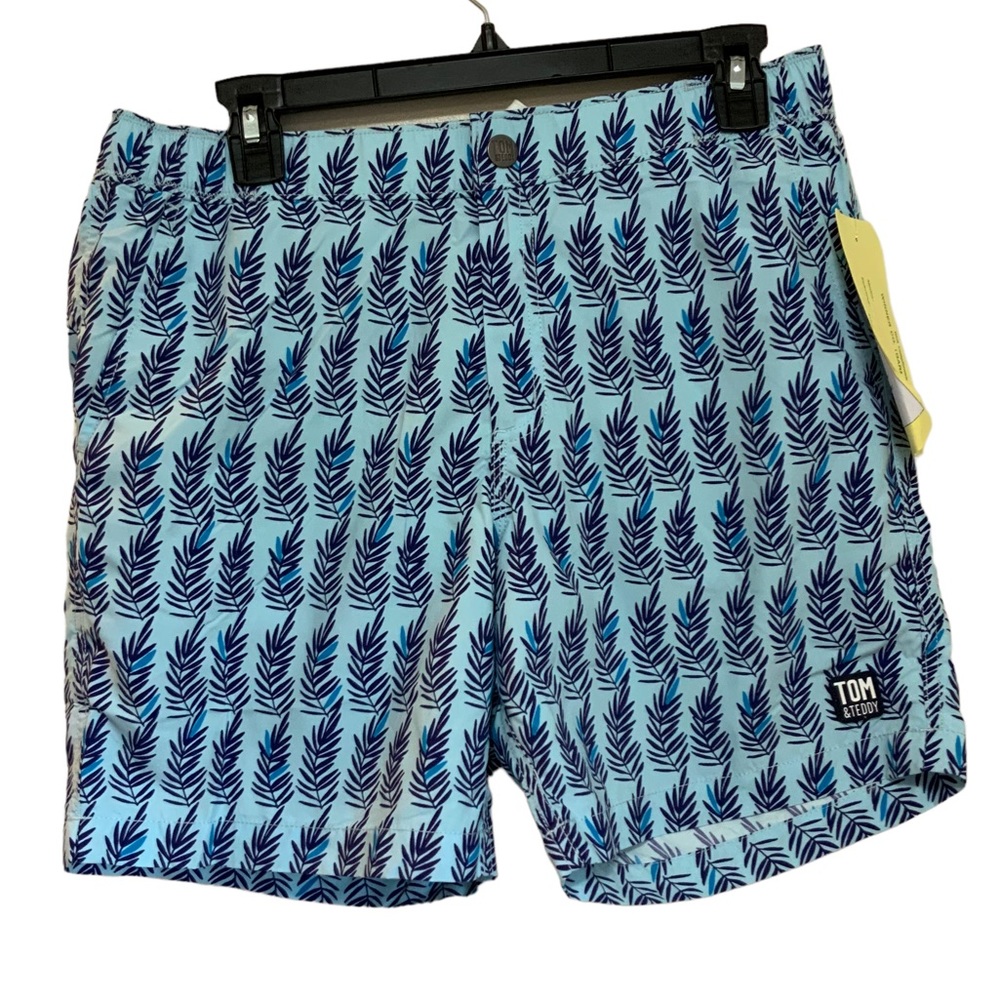 TOM & TEDDY Blue on Blue Fern Print Swim Trunks Mesh Liner sz S NWT